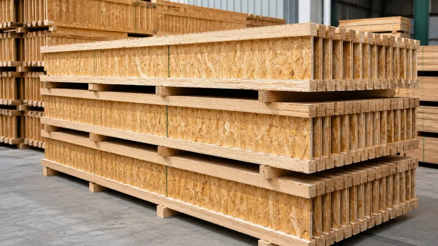 Engineered wood I-joists ready for delivery